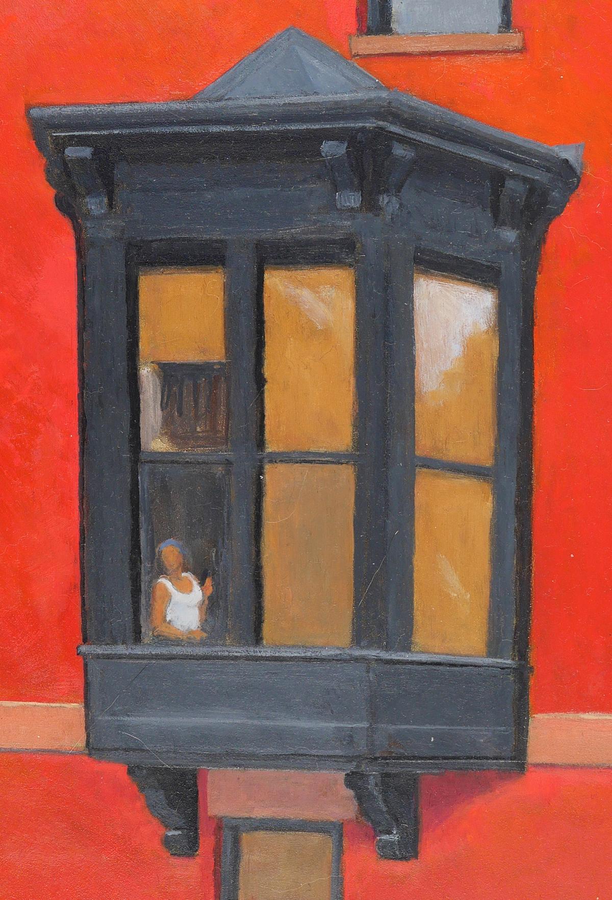 Window Box bay window of red brick Brooklyn building, similar to Edward Hopper  - Painting by Gregory Frux