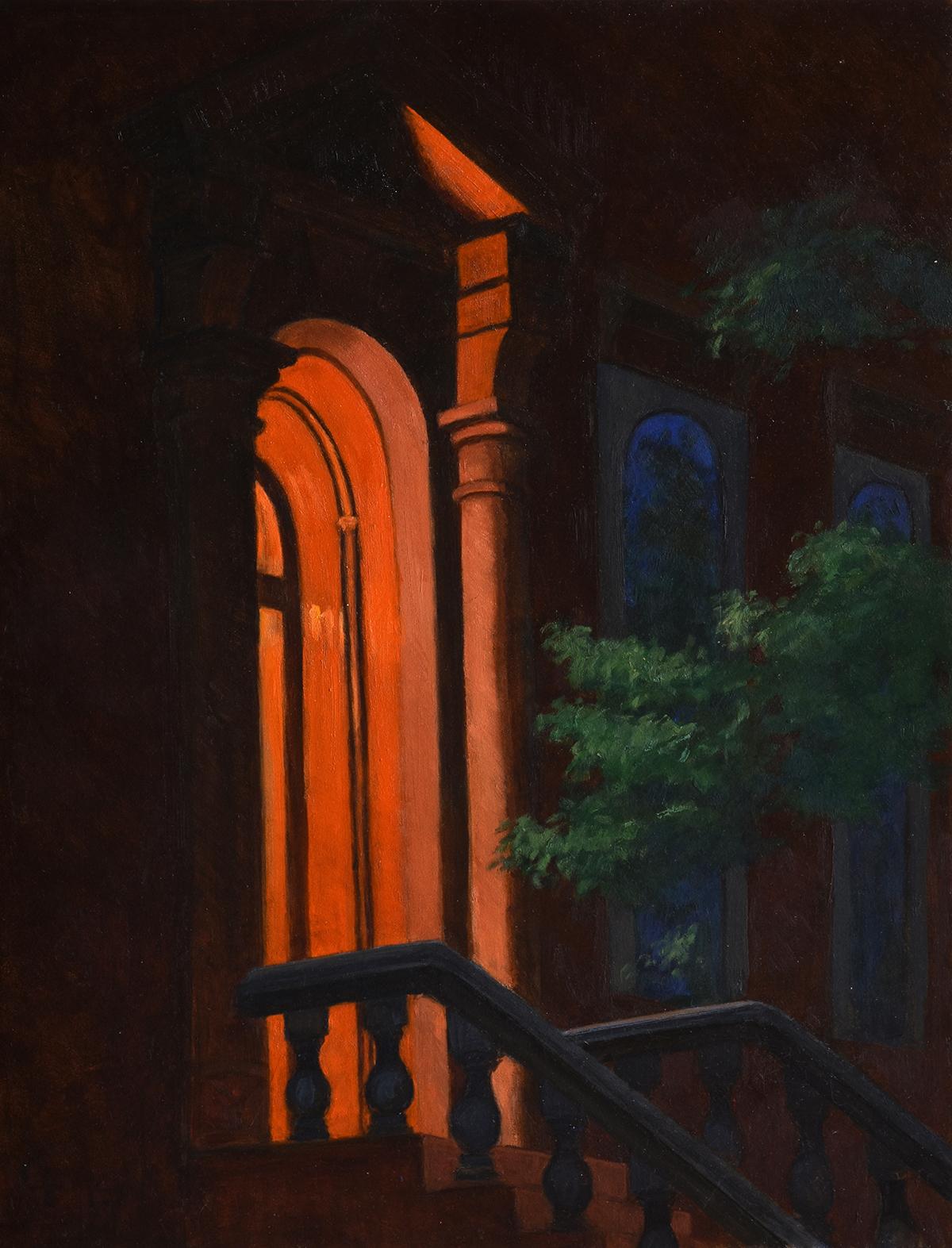 La porte de la nuit, peinture à l'huile architecturale urbaine sombre et mystérieuse