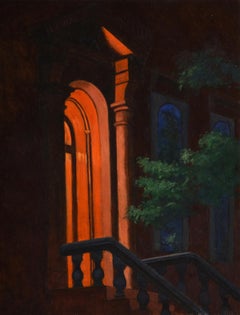 Puerta nocturna, pintura al óleo de arquitectura urbana oscura y misteriosa