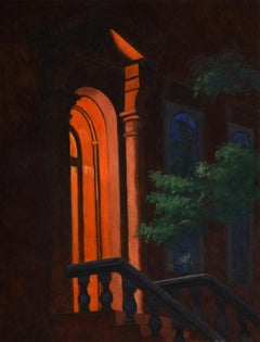 La porte de la nuit, peinture à l'huile architecturale urbaine sombre et mystérieuse