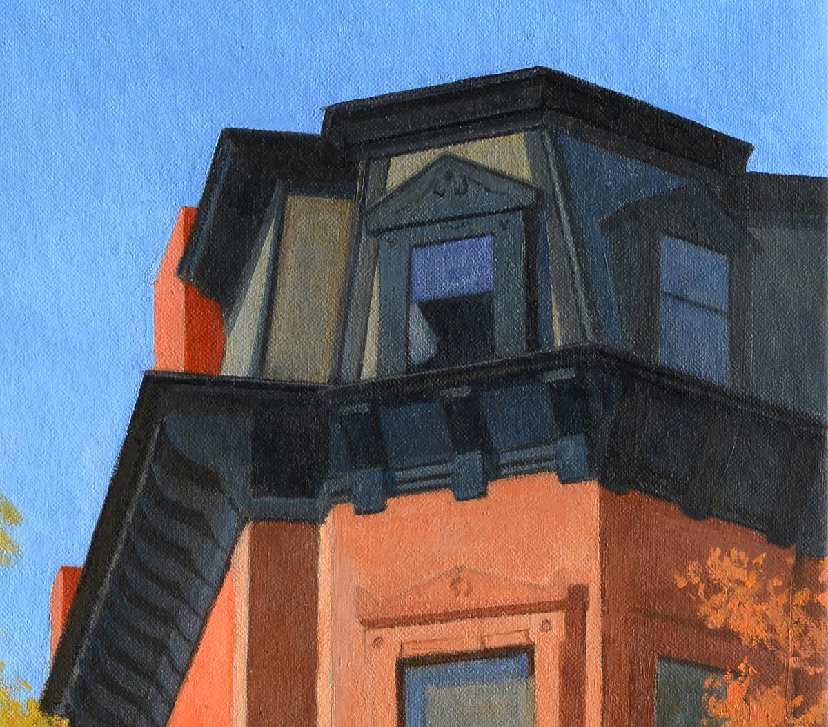 Ventana de mansarda, arquitectura urbana histórica realista, paisaje urbano de Brookyn, ladrillo - Painting realista estadounidense de Gregory Frux