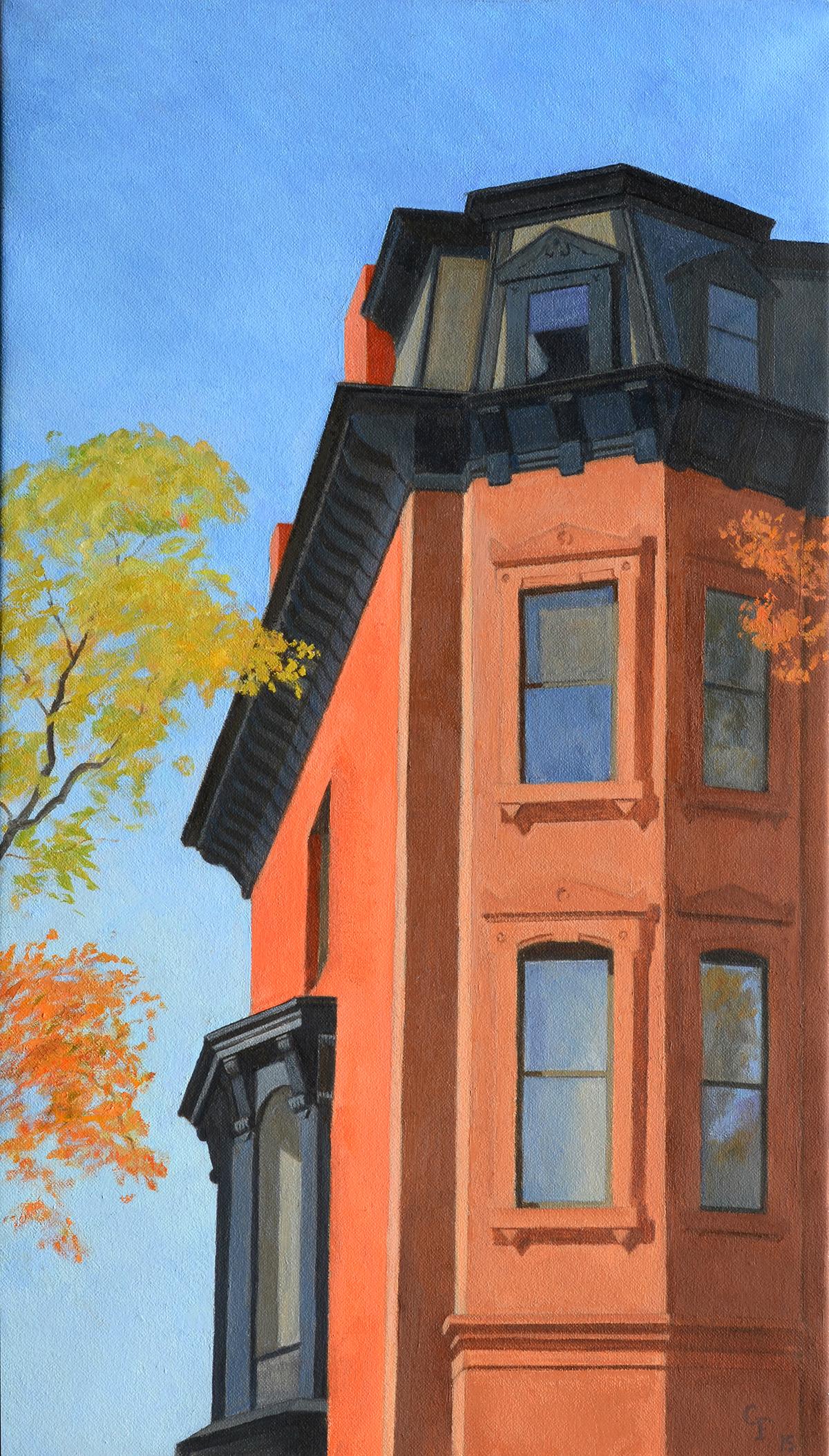 Gregory Frux Landscape Painting - Mansard Window, realistic historic urban architecture, Brookyn cityscape, brick 