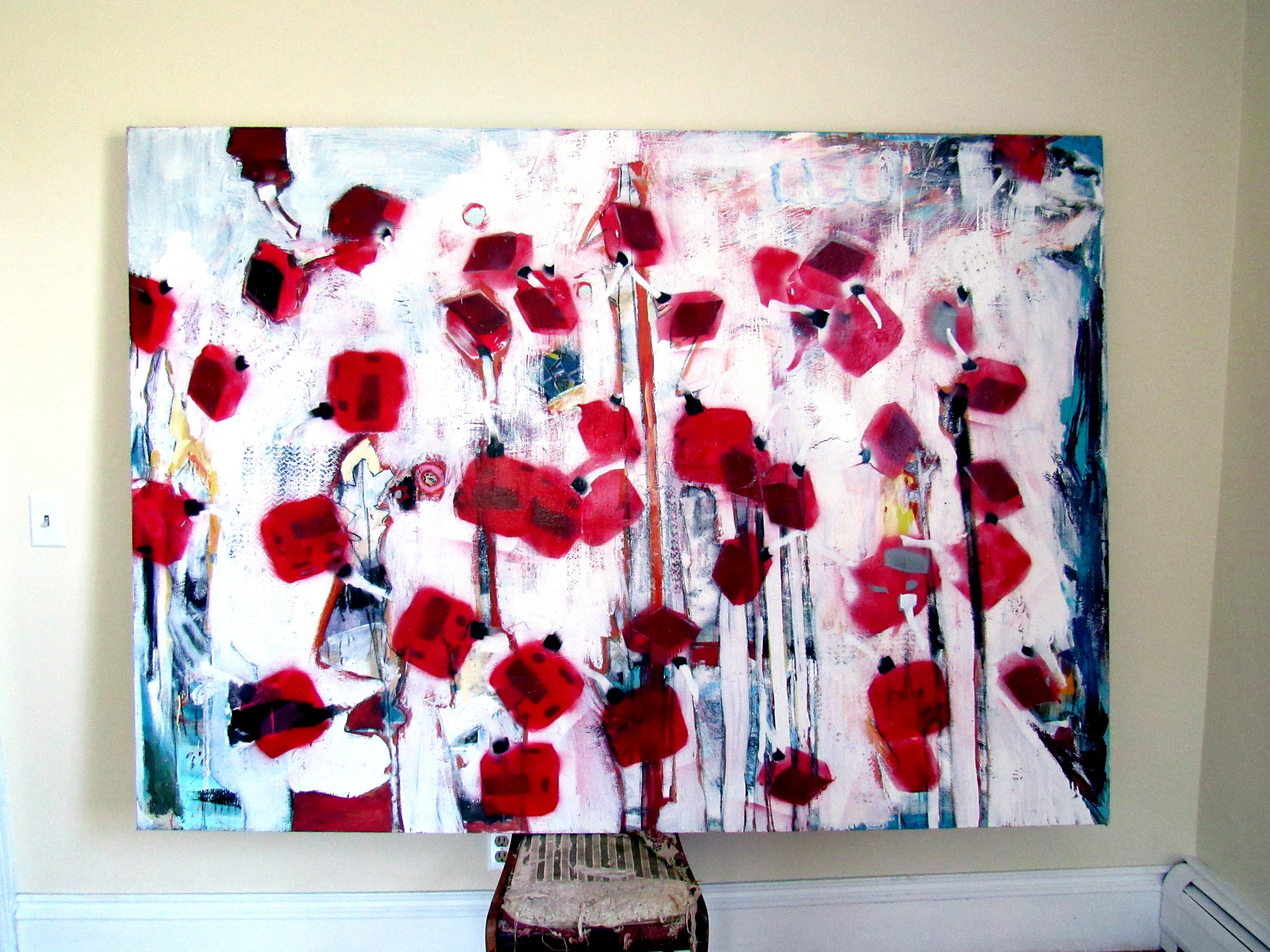 Forest, Whimsical red and white abstract painting - Painting by C. Dimitri