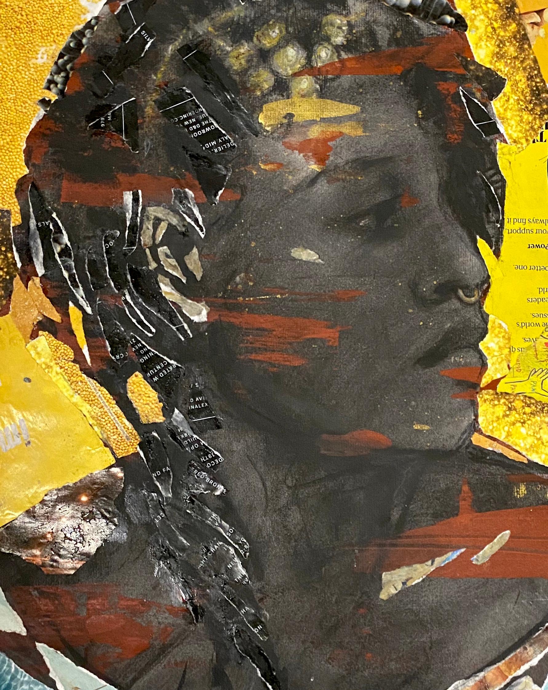 Artemis, farbenfrohe Afrikanerin, feministisch, leuchtend gelb (Schwarz), Abstract Drawing, von Audrey Anastasi