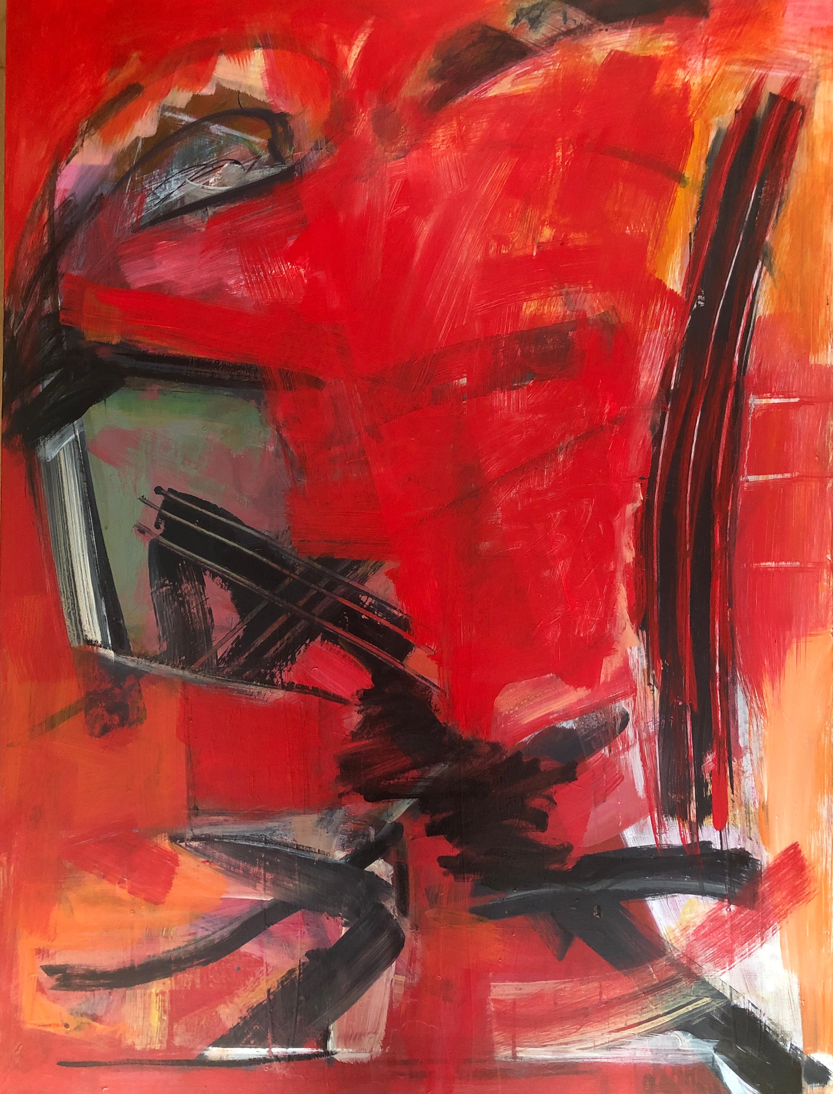 Cheryl Rubin Abstract Painting – Defiantes, kühnes, überwiegend rotes, gestisches abstraktes Gemälde