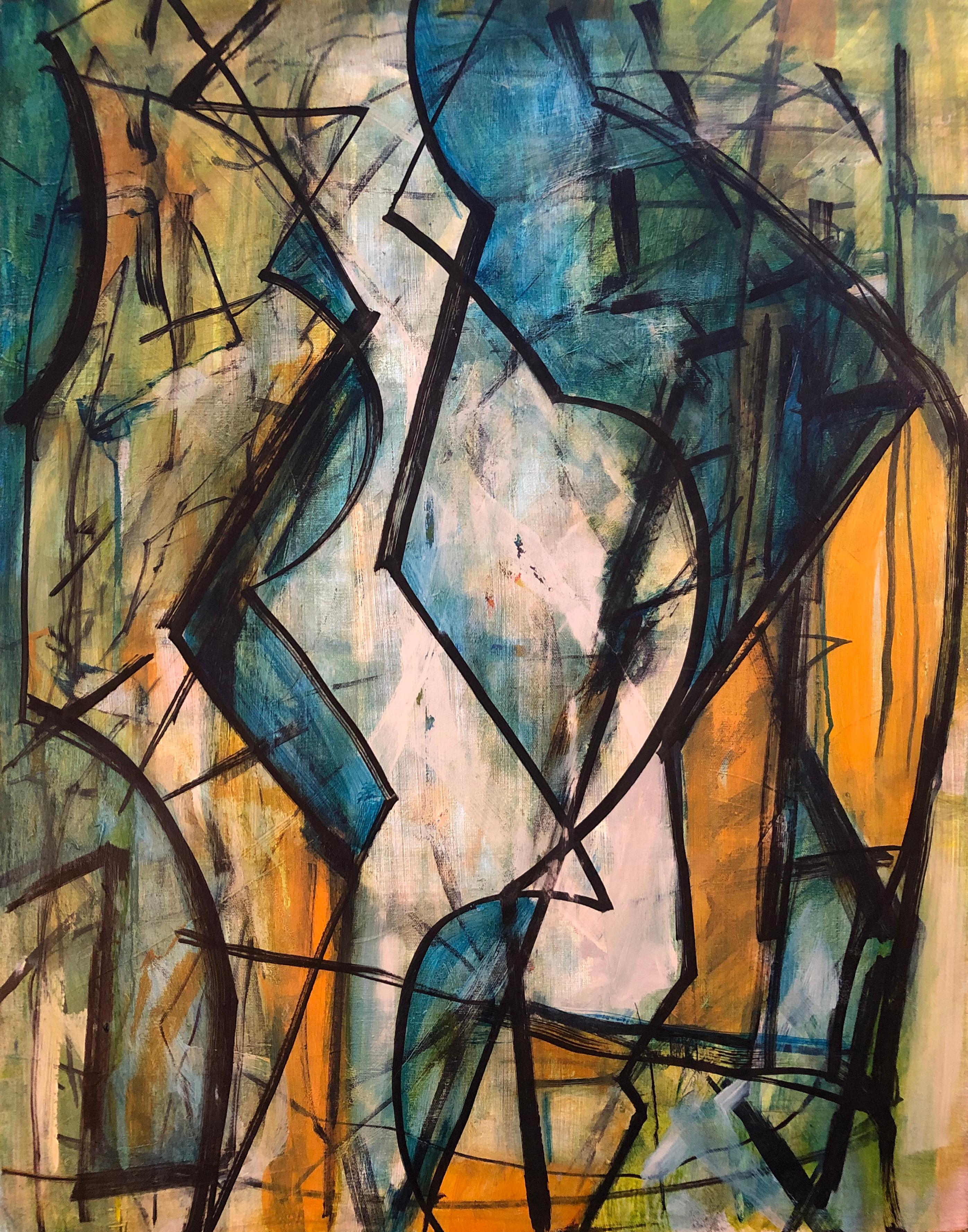 Cheryl Rubin Abstract Painting - Shape Mapping, linear abstract acrylic on canvas, orange tones