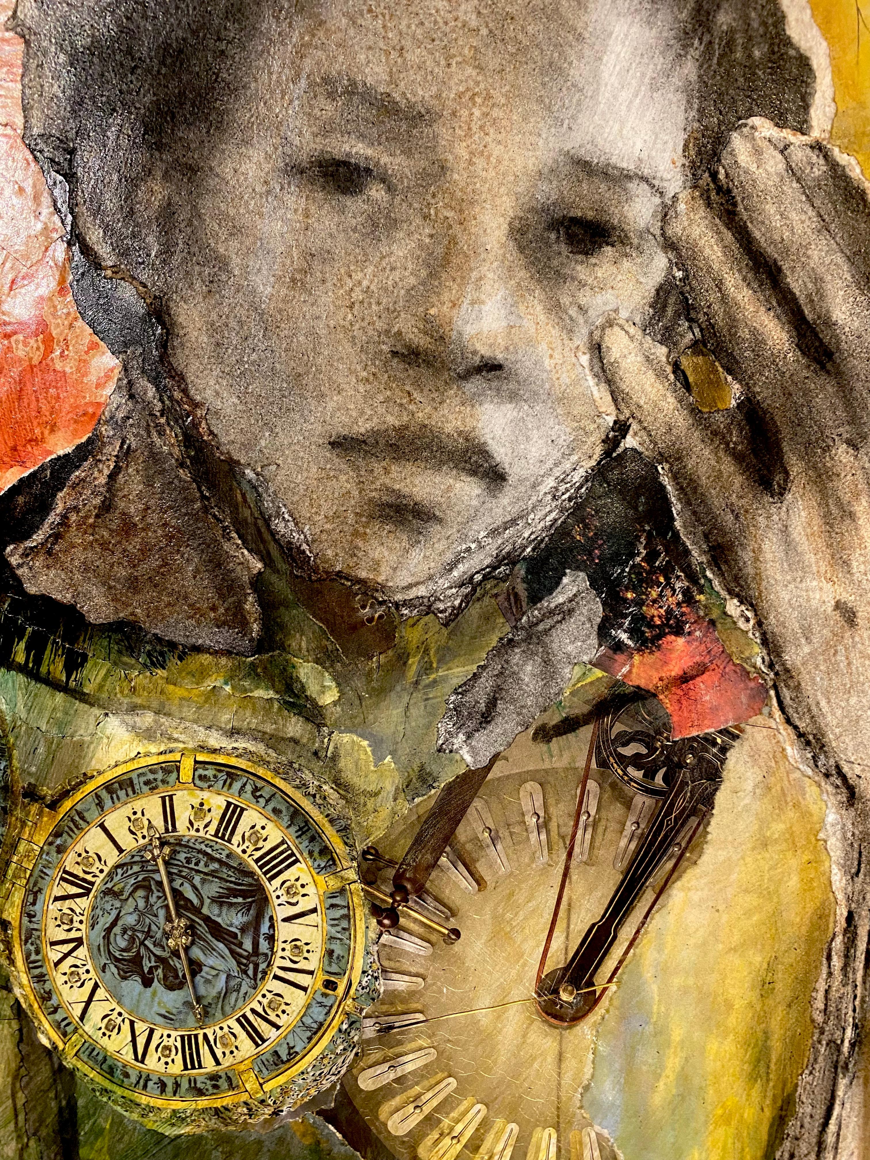 Continuum pregnancy collage female figure, ochre earth tones time clocks, hands - Art by Audrey Anastasi
