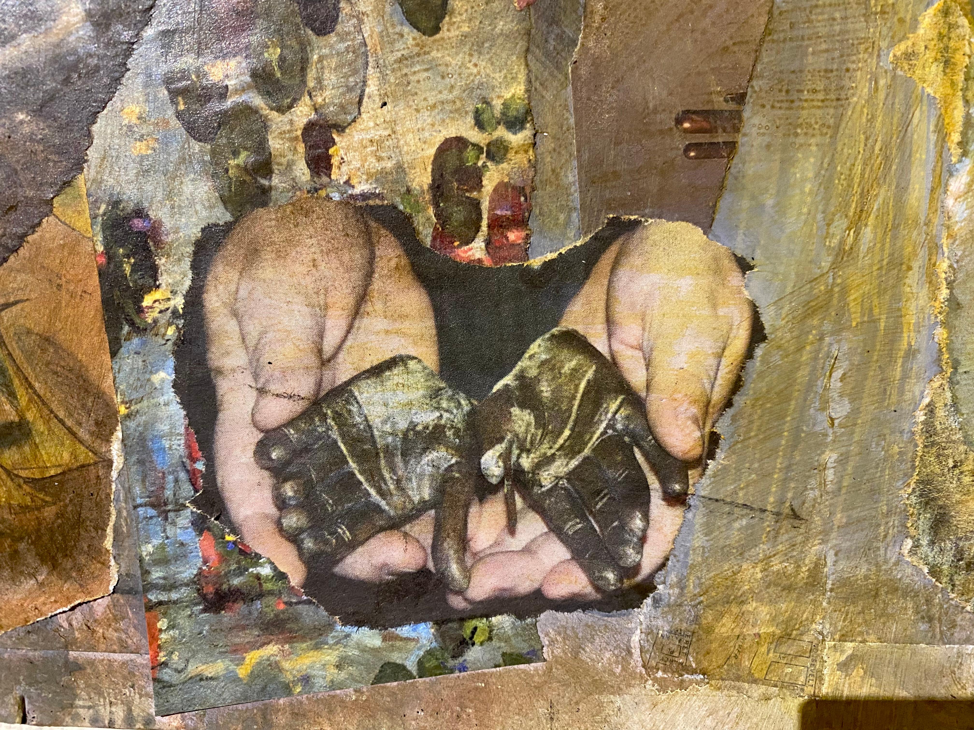 Figure féminine en collage continu de grossesse, horloges d'horlogerie aux tons terreux ocre, aiguilles - Contemporain Art par Audrey Anastasi
