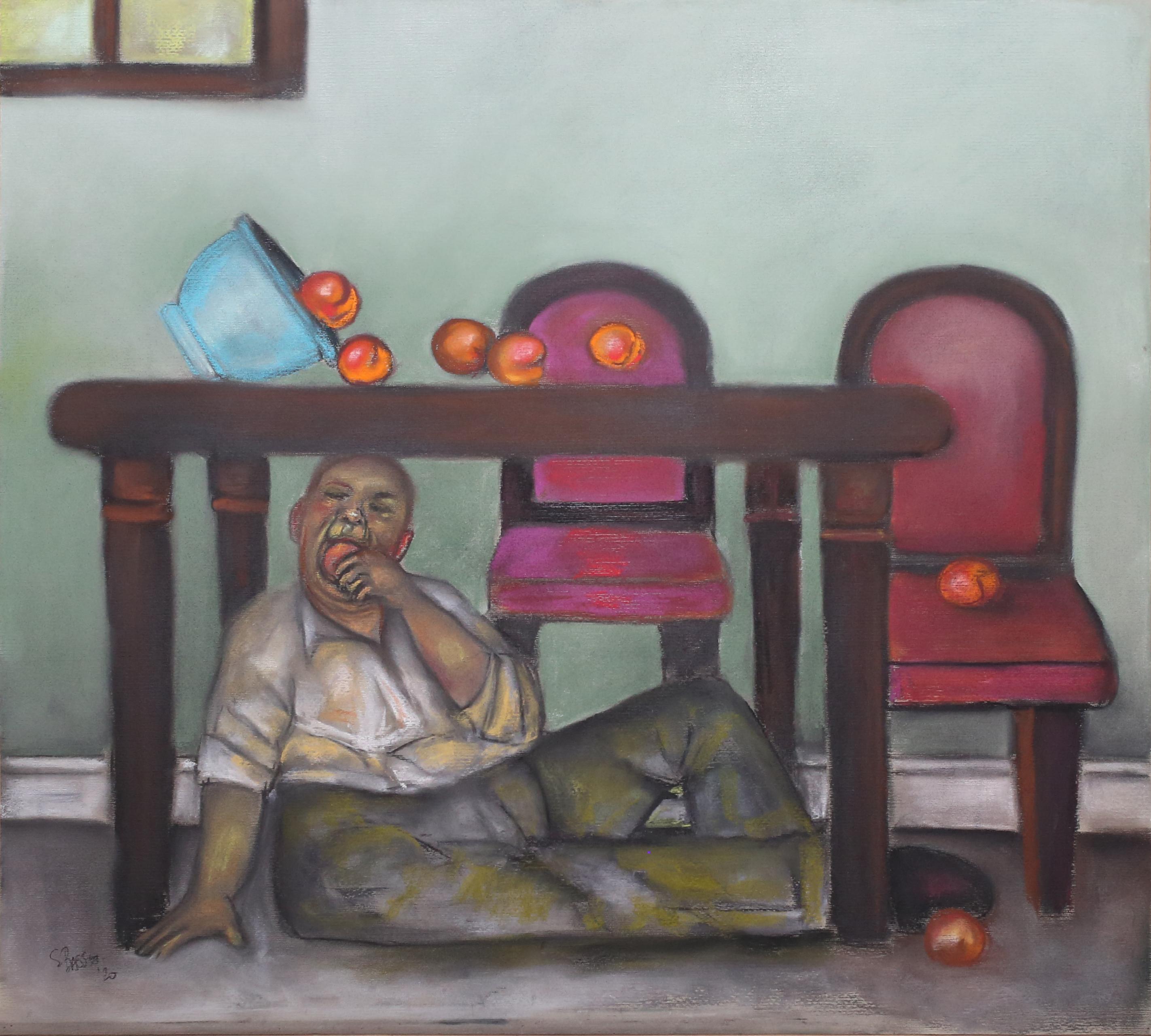 Stephen Basso Interior Art - Still Life Disruptor, colorful pastel on archival paper, man under table w apple
