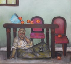 Still Life Disruptor, colorful pastel on archival paper, man under table w apple