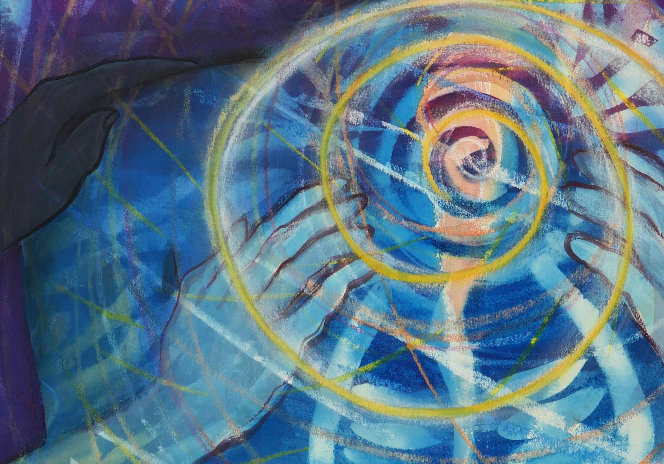 Help From Friends, farbenfrohe Blau- und Violetttöne, abstraktes Aquarell mit spiritueller Figur – Painting von Janet Morgan
