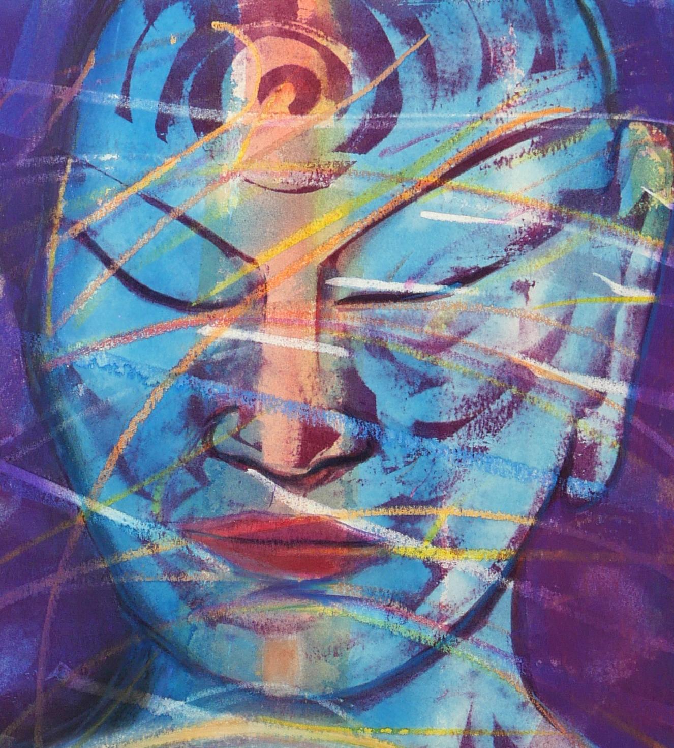 Help From Friends, farbenfrohe Blau- und Violetttöne, abstraktes Aquarell mit spiritueller Figur (Expressionismus), Painting, von Janet Morgan