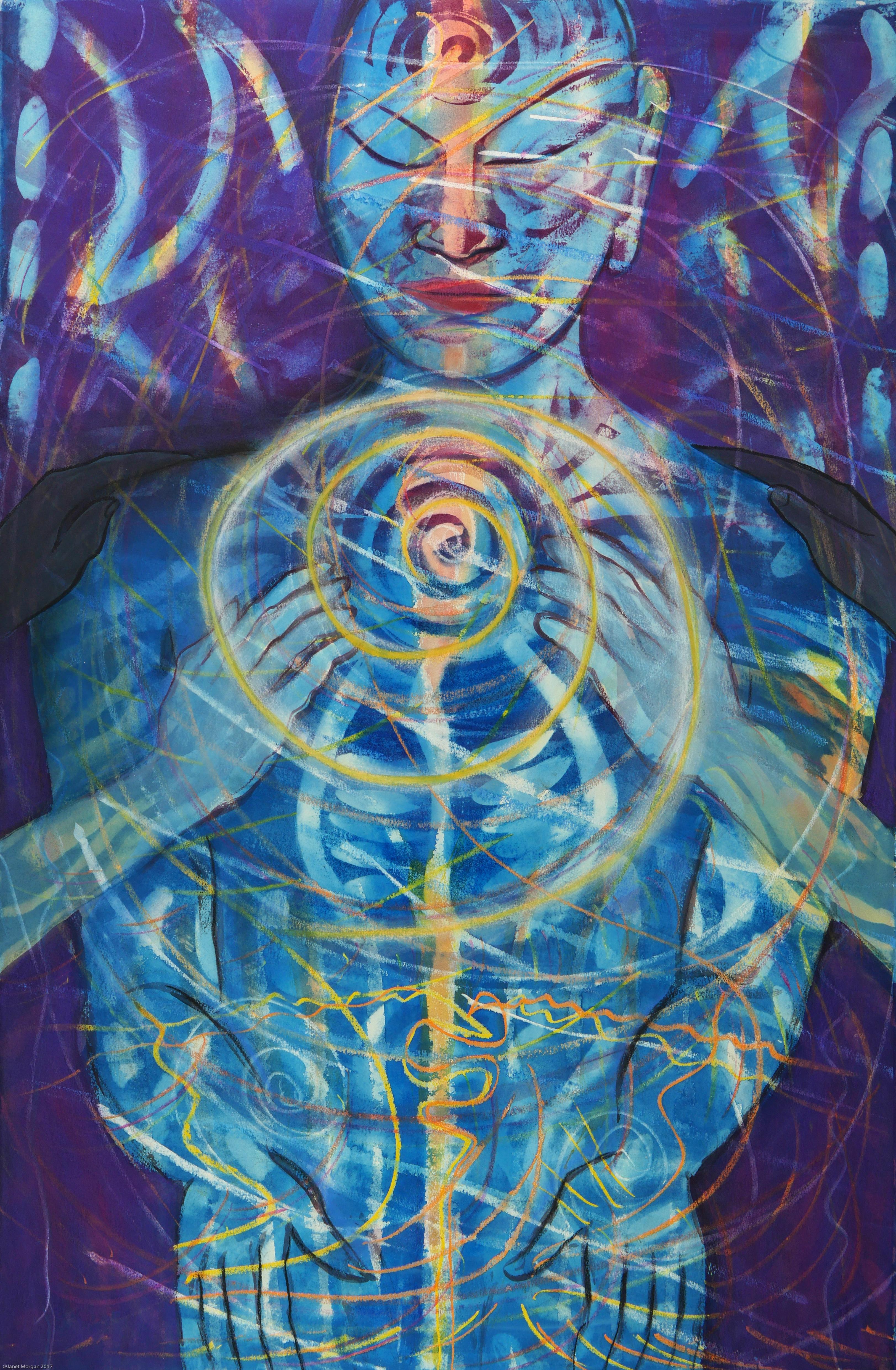 Aiuto dagli amici, blu colorato, viola, figura spirituale, acquerello astratto