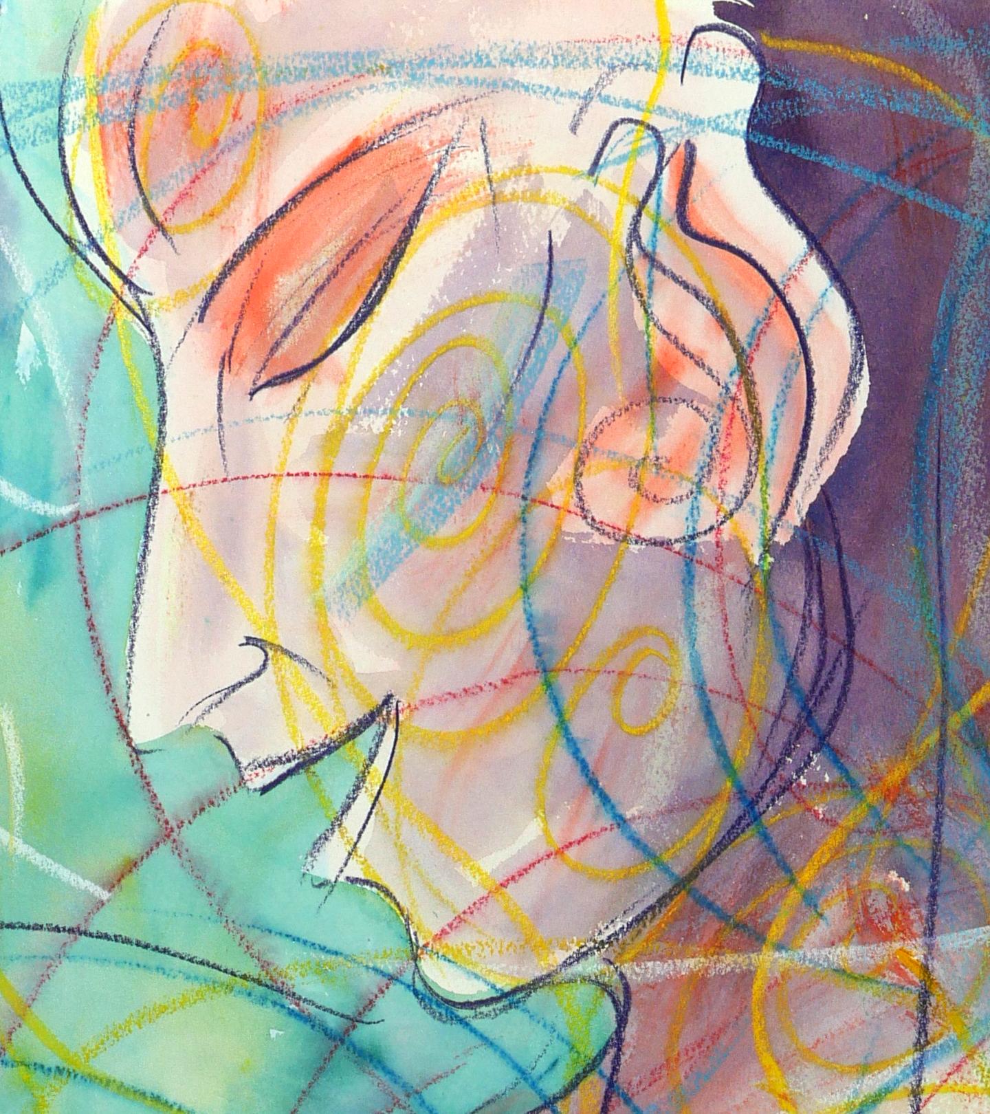 Comment écouter, figure spirituelle colorée - Expressionniste Painting par Janet Morgan