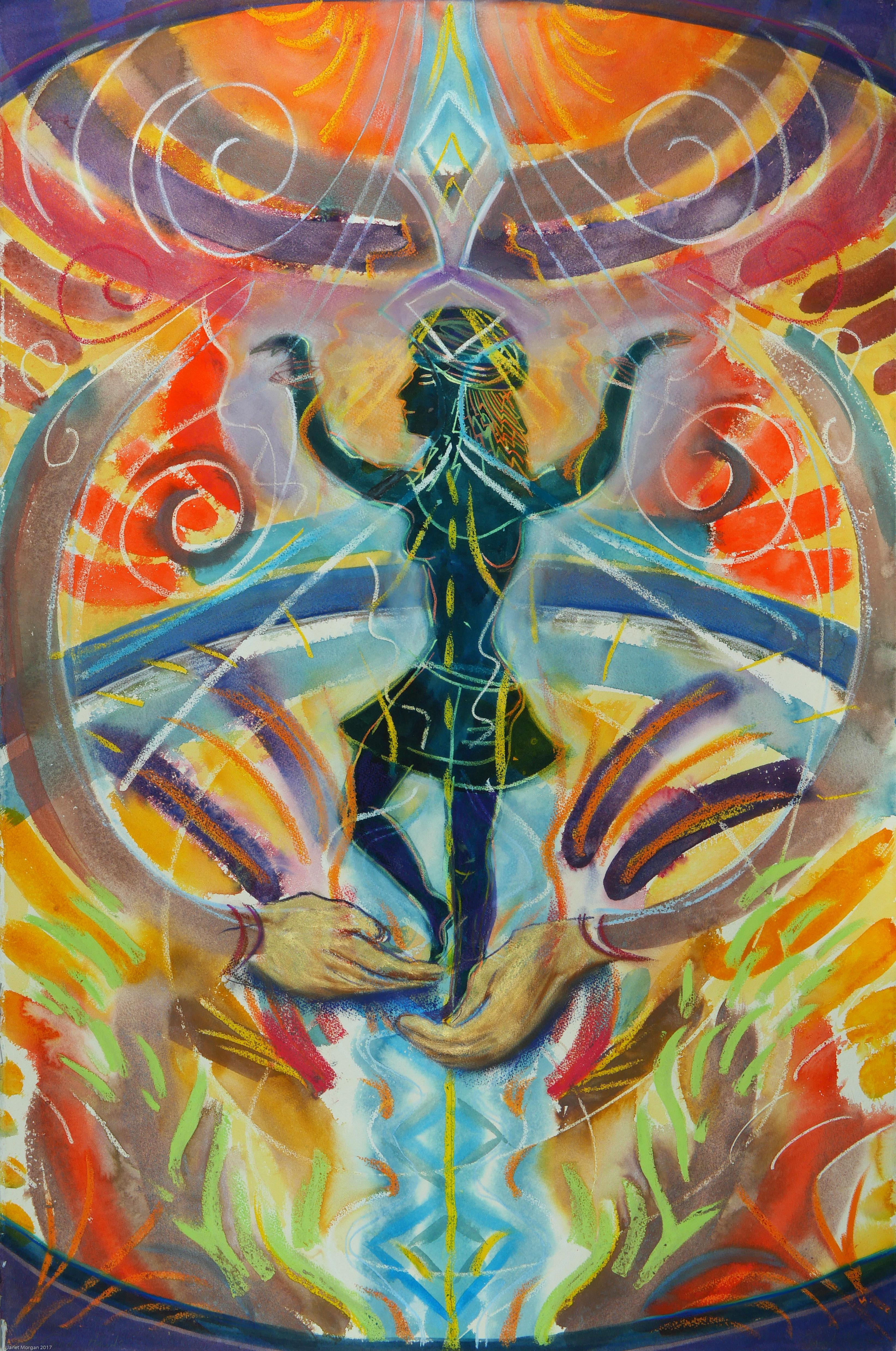 In Good Hands, swirling colorful spiritual abstracted goddess figure