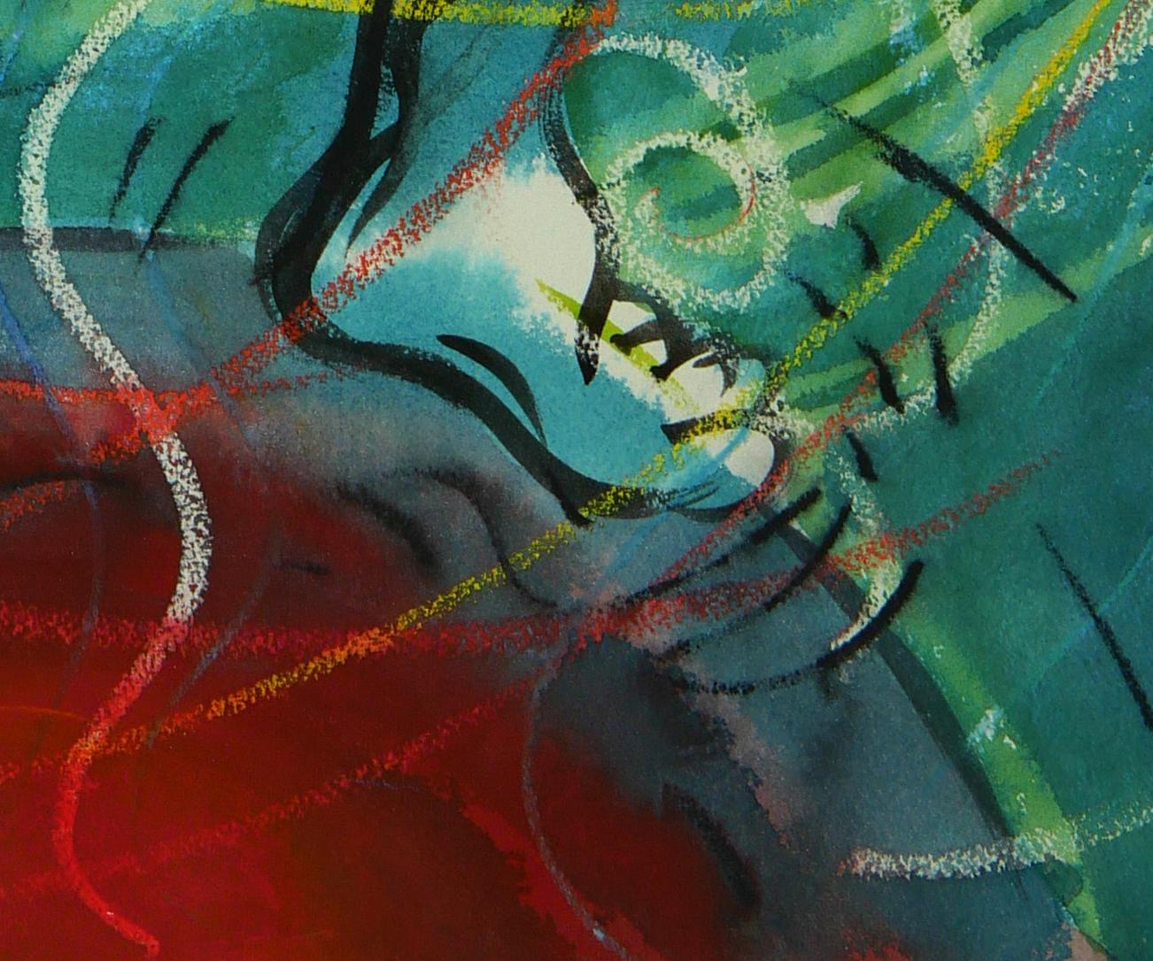 Auf der Oberseite der Welt figurativ, grün, farbenfroh und spirituell – Art von Janet Morgan