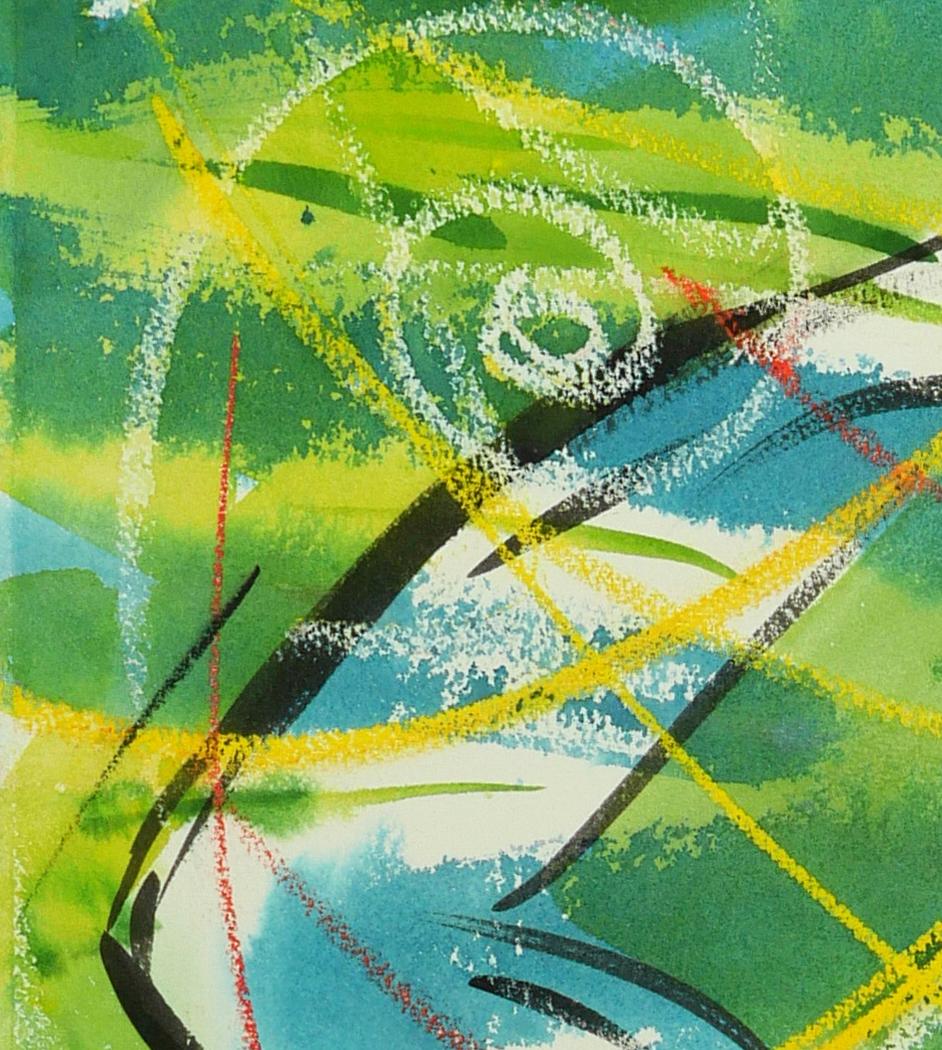 Auf der Oberseite der Welt figurativ, grün, farbenfroh und spirituell (Expressionismus), Art, von Janet Morgan