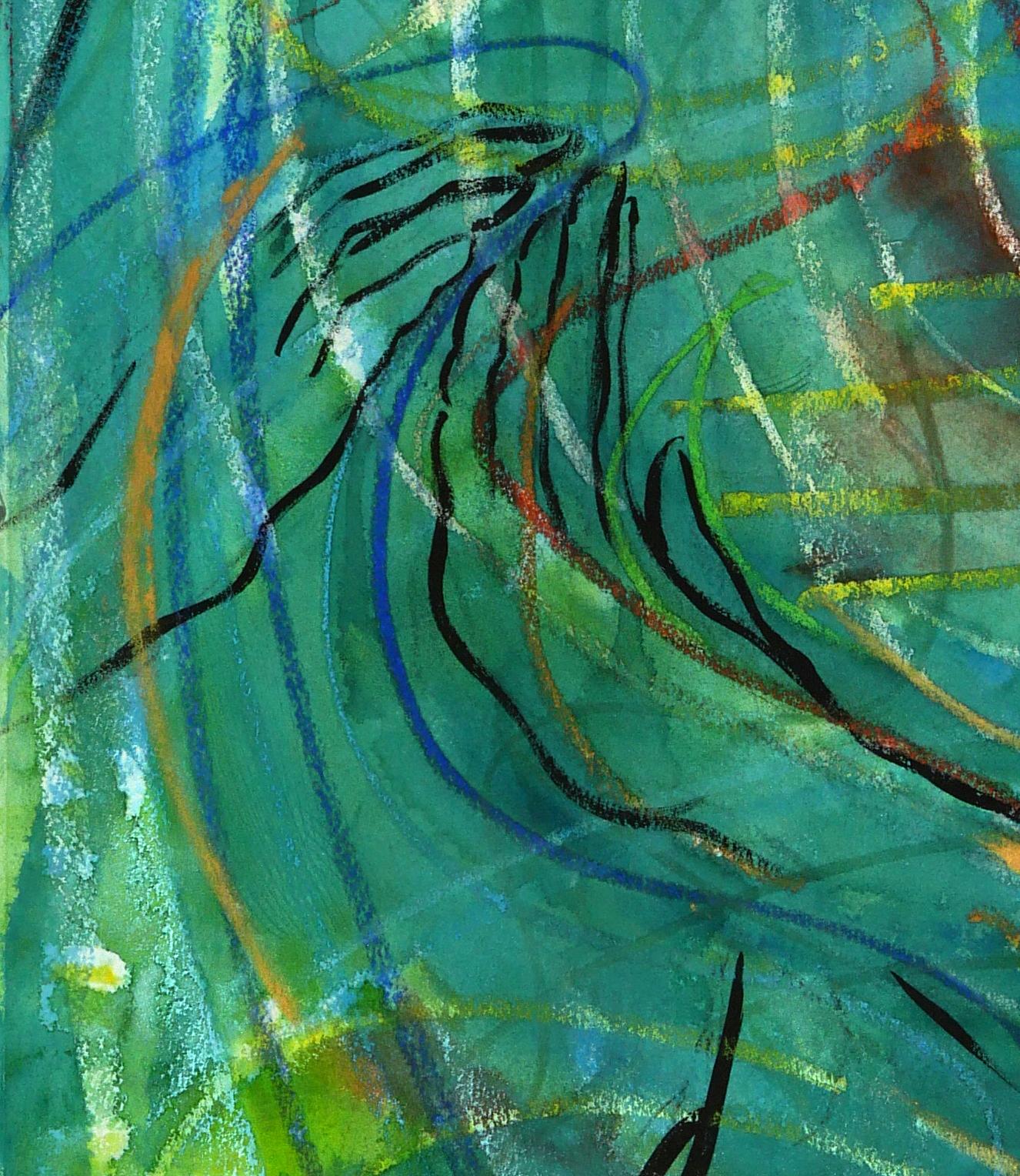 Stringer, colorful green figurative abstraction - Expressionist Painting by Janet Morgan