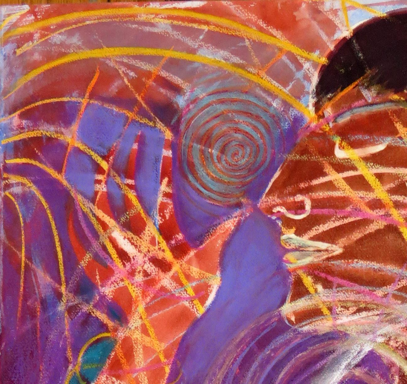 Sweet Energy, colorful red swirling abstract mystical mixed media - Painting by Janet Morgan