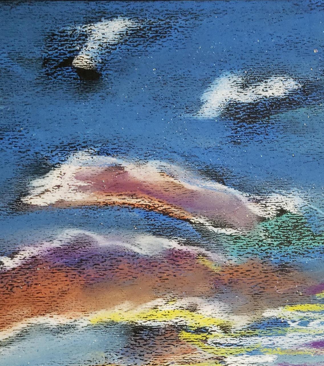 Wolkenkratzer-Sonnenuntergang, Coney Island, farbenfroher abstrakter Himmel, Wasser, Strand (Expressionismus), Art, von Janet Morgan