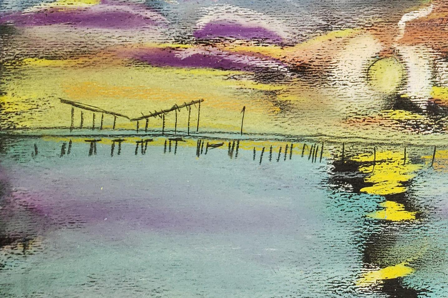Wolkenkratzer-Sonnenuntergang, Coney Island, farbenfroher abstrakter Himmel, Wasser, Strand (Grau), Landscape Art, von Janet Morgan