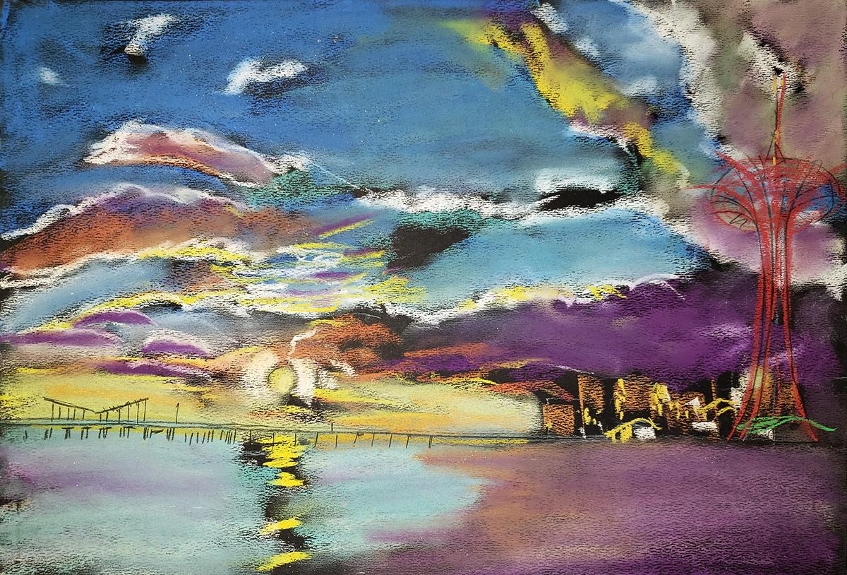 Tramonto nuvoloso, Coney Island, cielo astratto selvaggio e colorato, acqua, spiaggia