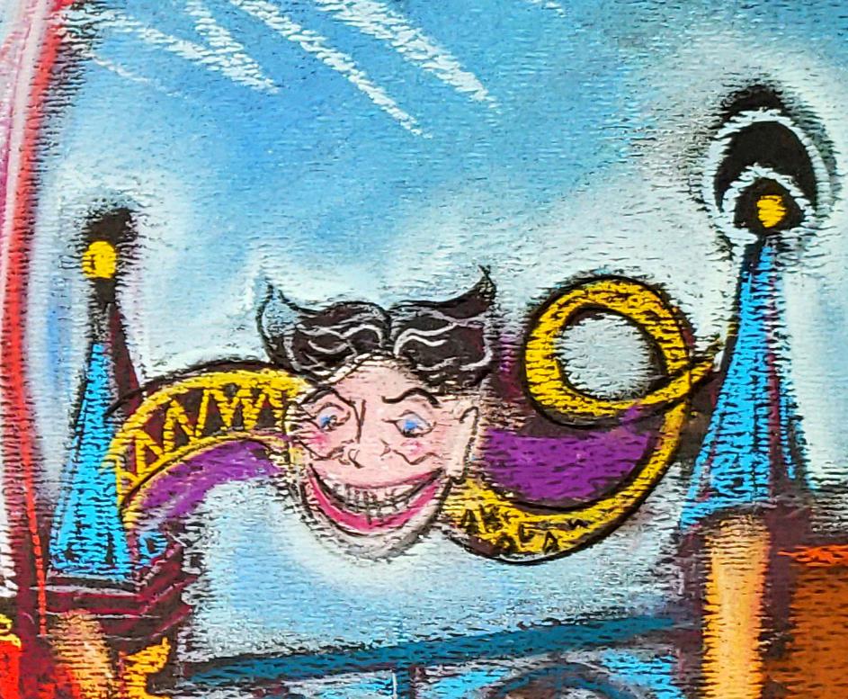 Lights, Parachute Jump and Smile, Coney Island, parc d'attractions historiques coloré - Art de Janet Morgan