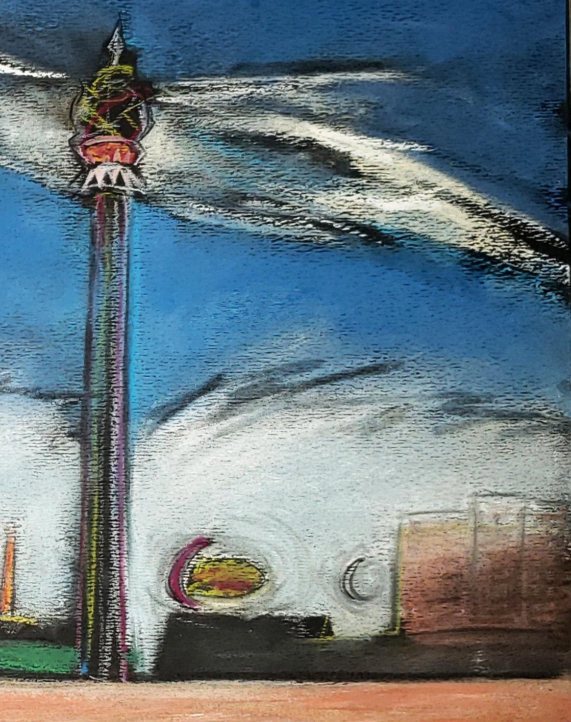 Thunderbolt, Coney Island, farbenfrohes Pastell mit historischem Vergnügenpark – Art von Janet Morgan