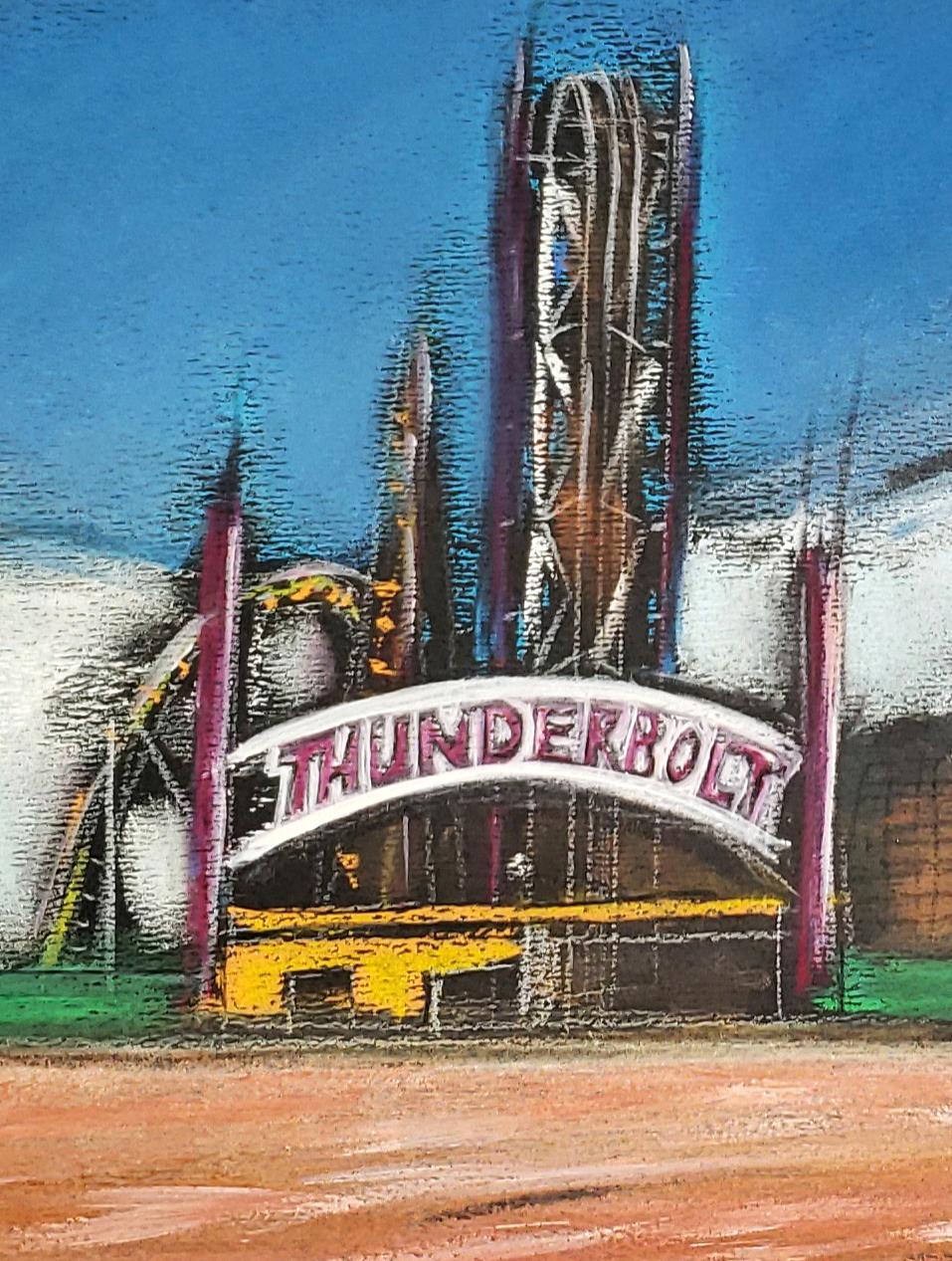 Thunderbolt, Coney Island, farbenfrohes Pastell mit historischem Vergnügenpark (Expressionismus), Art, von Janet Morgan
