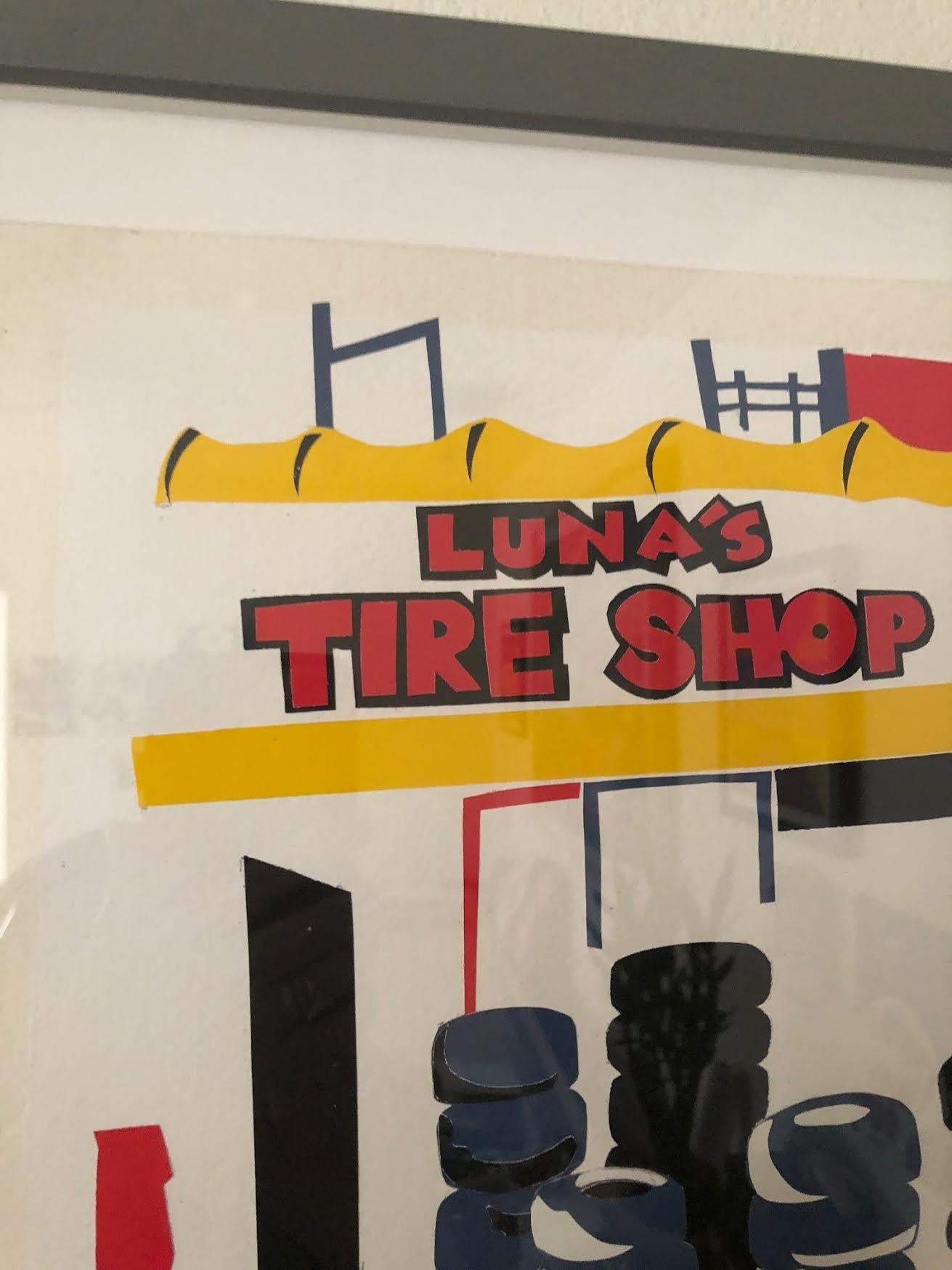 Luna's Tire Shop, Urban, collage de papier découpé, ludique, industriel, pneus, encadré en vente 1
