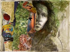 Jewels, abstract collage, colorful black female figure gesture green earth tones