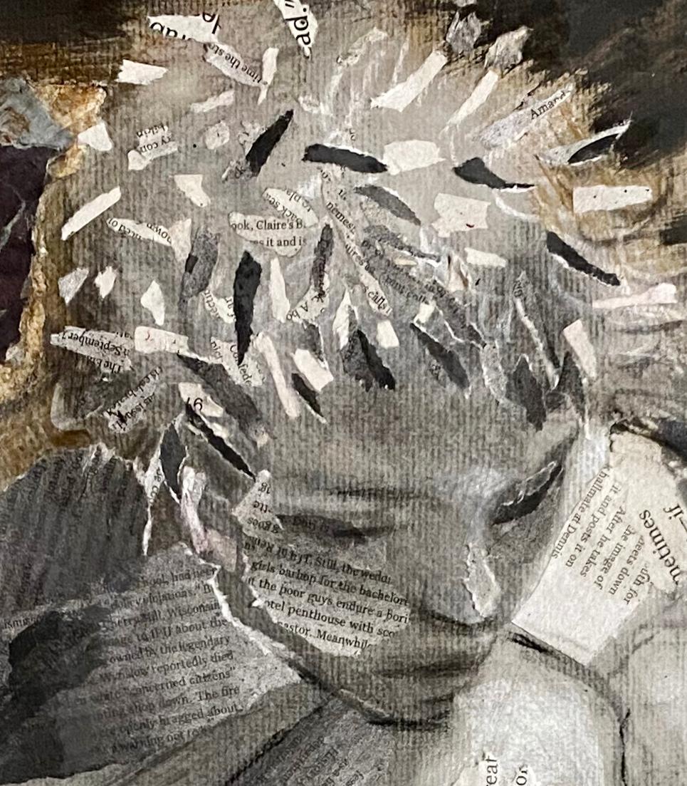 Personajes Defectuosos, collage monocromático grises neutros texto, periódico, figura - Art de Audrey Anastasi