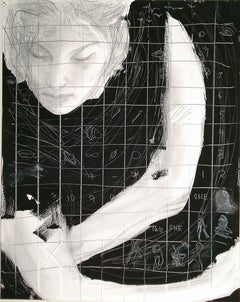 One, Two, mixed media female, mystery, symbols, numbers, black and white, 