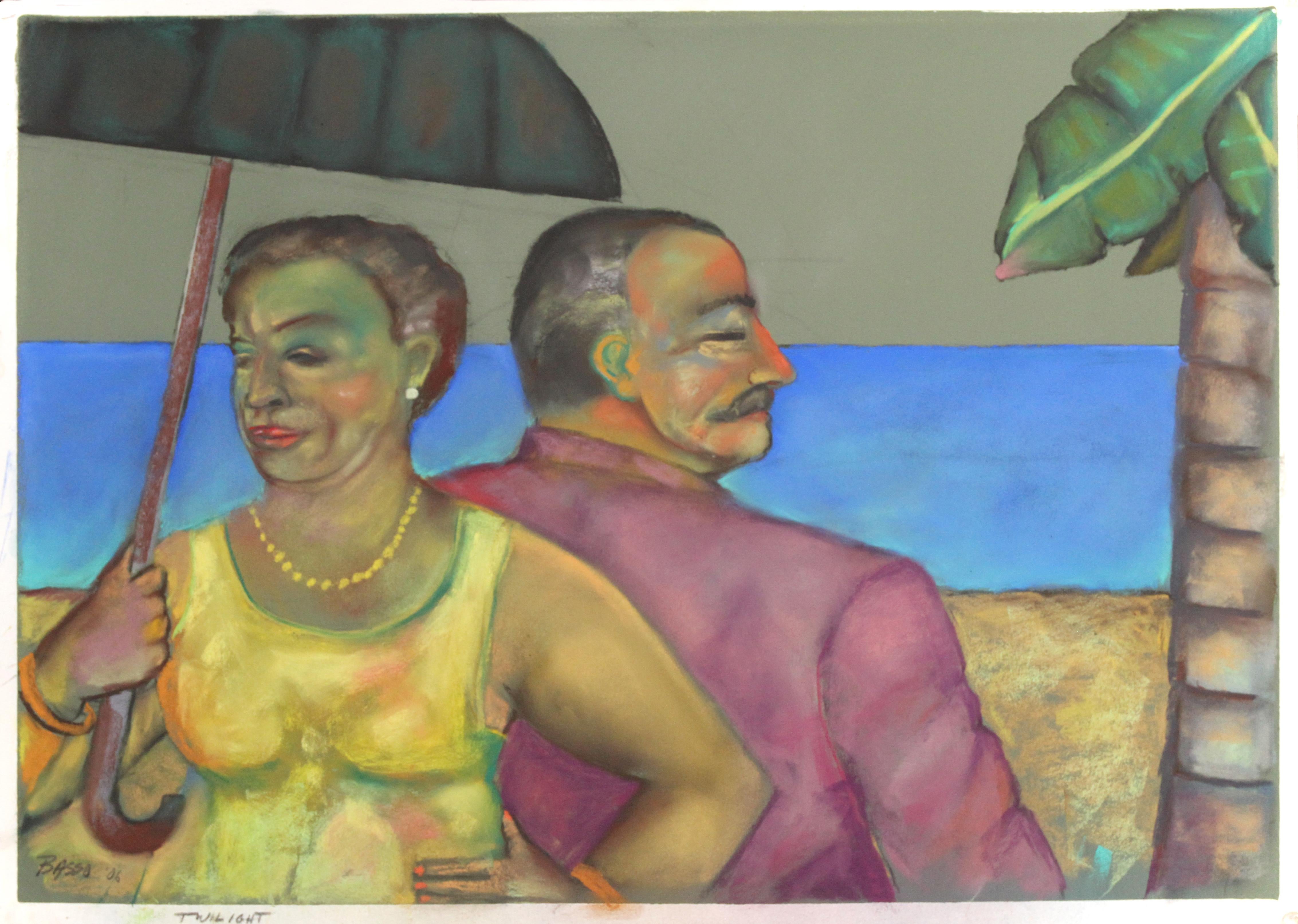 Twilight  narrative pastel painting bright color beach scene couples  - Art by Stephen Basso