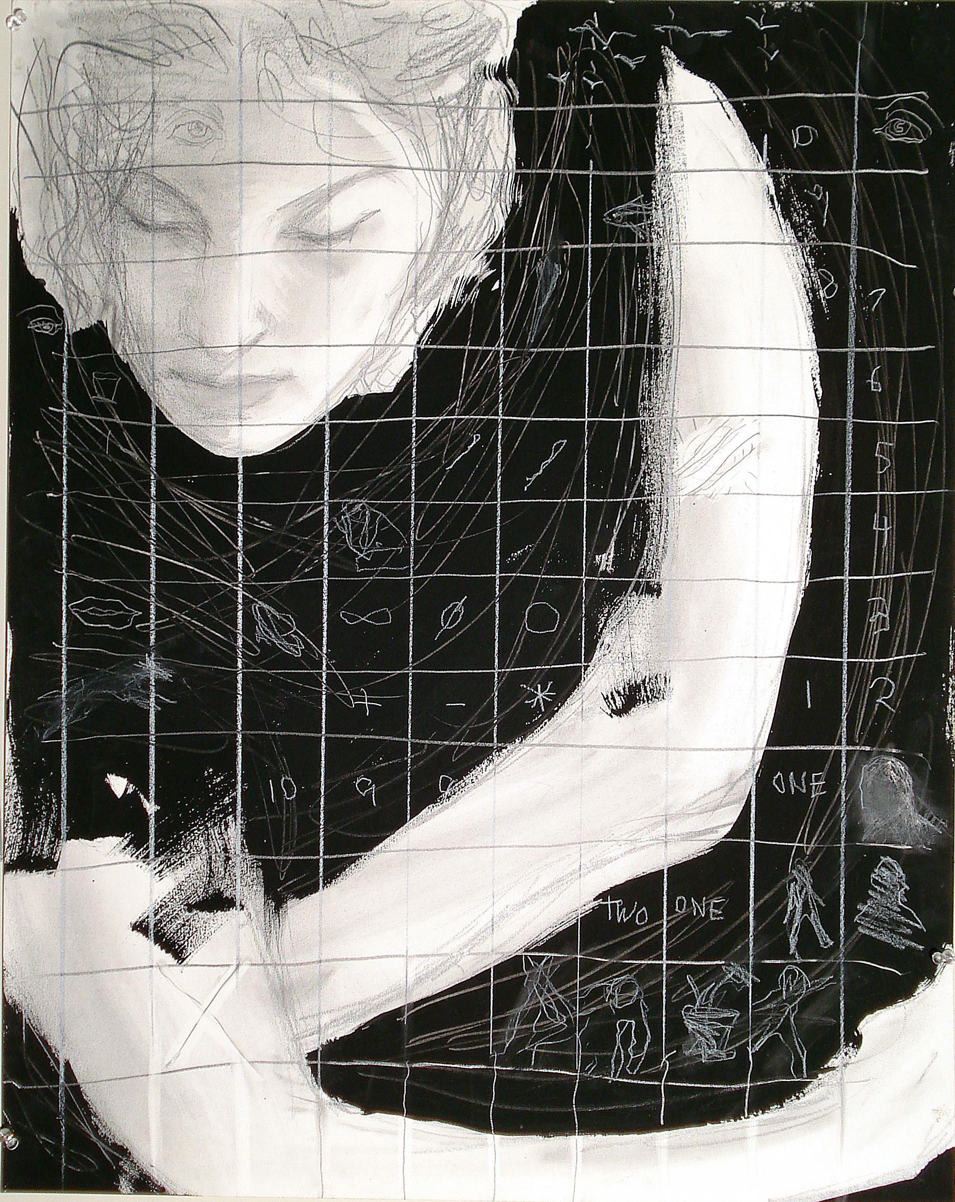 One Two, black and white mixed media, grid pattern,pictographs, figure