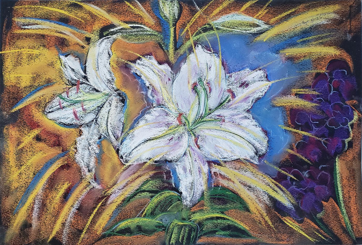 Pastel on black paper.  
Ms. Morgan says:
During 2020 we discovered a small garden next to a church in our neighborhood in Brooklyn that was well taken care of and always open. We brought our ground chairs and art supplies and looked the flowers in