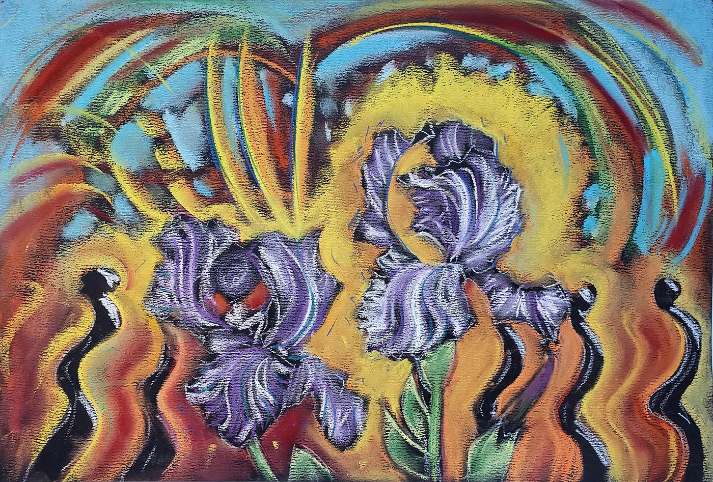 Secret Garden, Iris, colorful abstracted floral pastel on dark paper