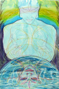 Easy, godlike figure, water, reflection, mystical images, blues, greens