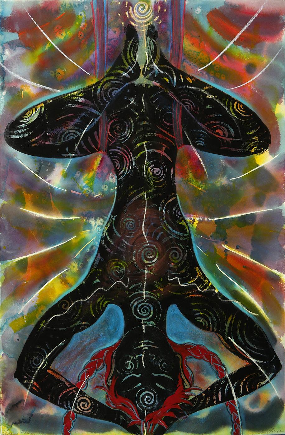 Janet Morgan Nude Painting – Hängende Frau, farbenfrohe, Yoga-Beispiel, Figur mit abstrakten Mustern
