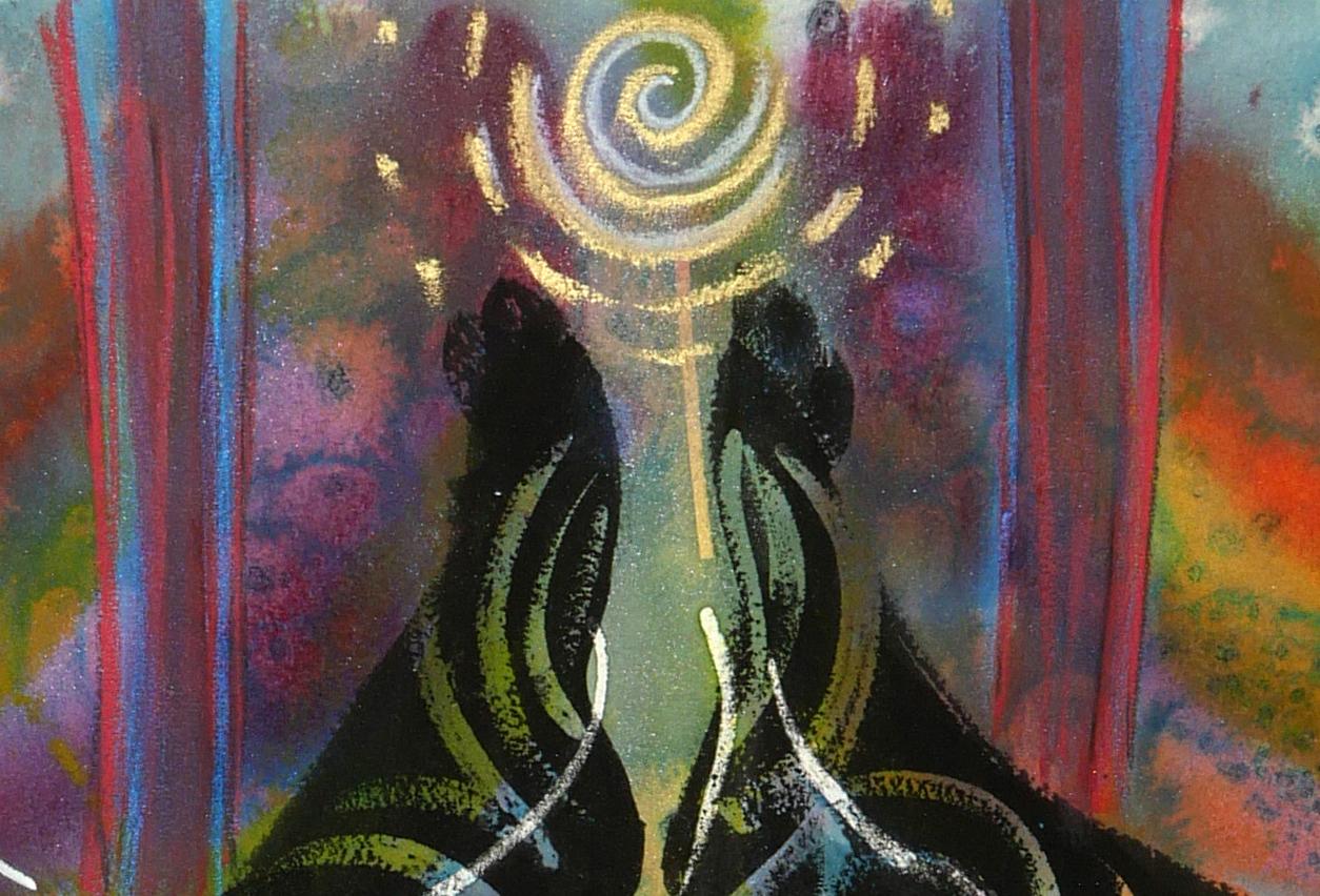 Hängende Frau, farbenfrohe, Yoga-Beispiel, Figur mit abstrakten Mustern (Expressionismus), Painting, von Janet Morgan
