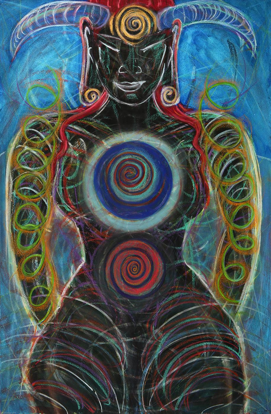Janet Morgan Nude Painting – Horniert und gelesen, farbenfrohe mythologische Figur, spirituell, blauer Grund