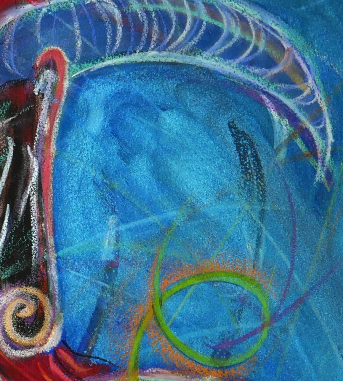 Horned and Read, colorful mythological figure, spiritual, blue ground - Expressionist Painting by Janet Morgan