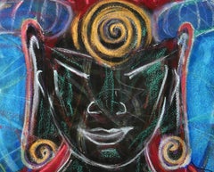 Horned and Read, colorful mythological figure, spiritual, blue ground