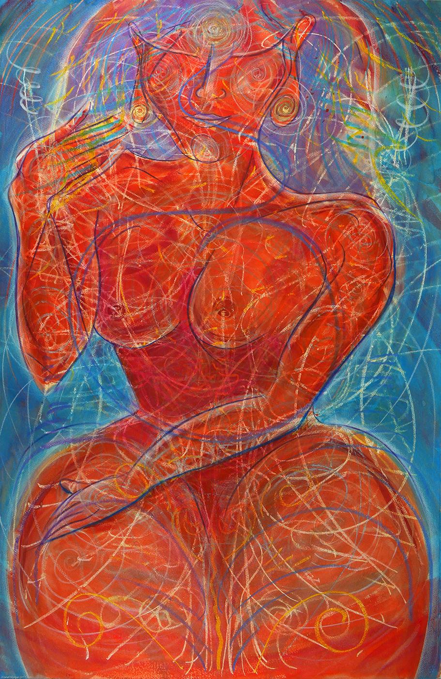 Janet Morgan Nude – Hot Flash, Figur, rote Farben, leuchtende, wirbelnde Muster