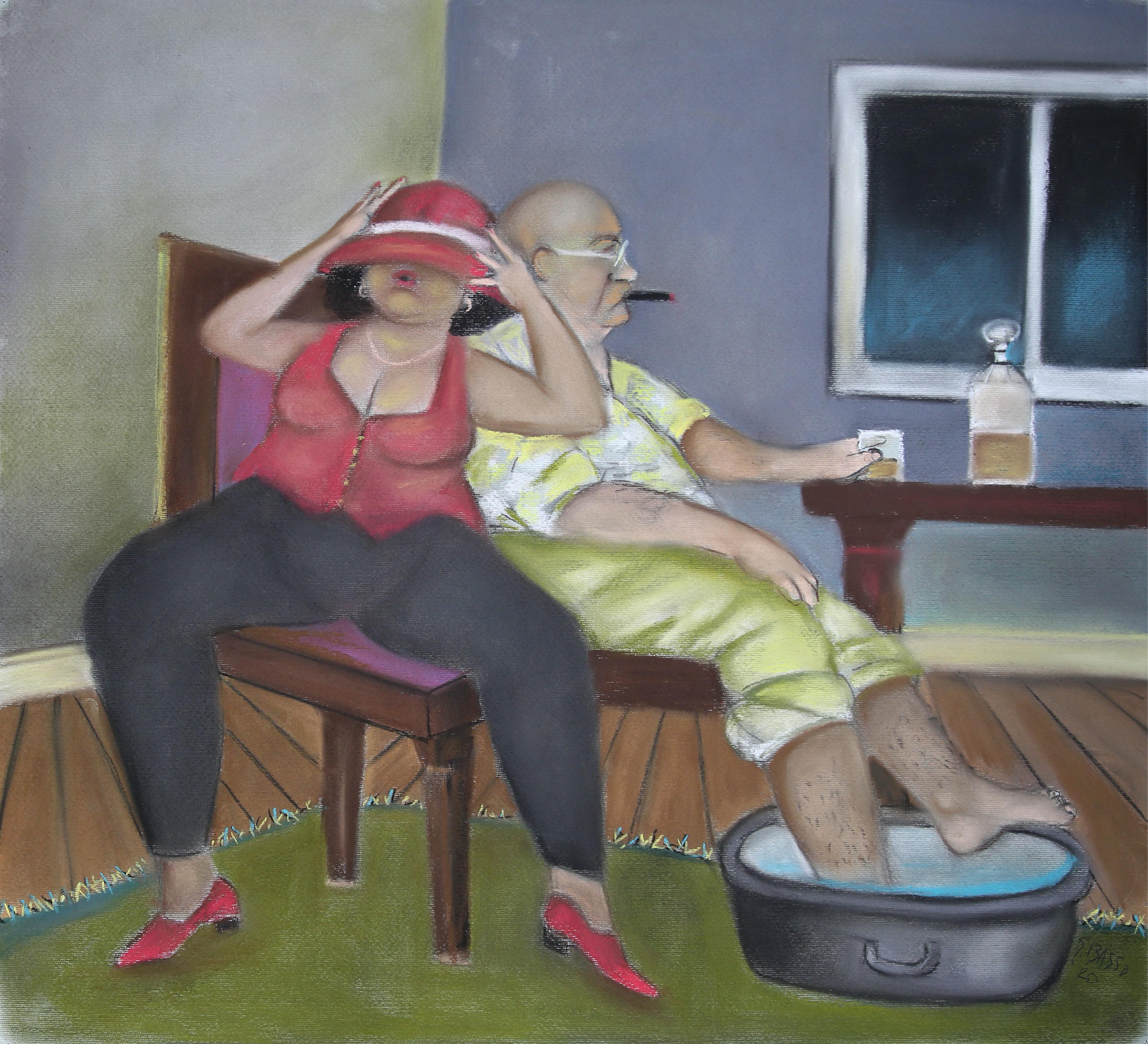 Stephen Basso Figurative Art - Basement Lovers narrative romantic couples human condition wry humor cool colors