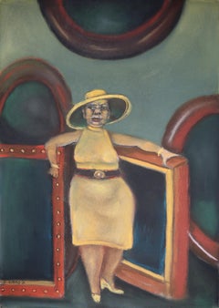 Dark Reflections  interior with female figure and mirrors yellow and black color