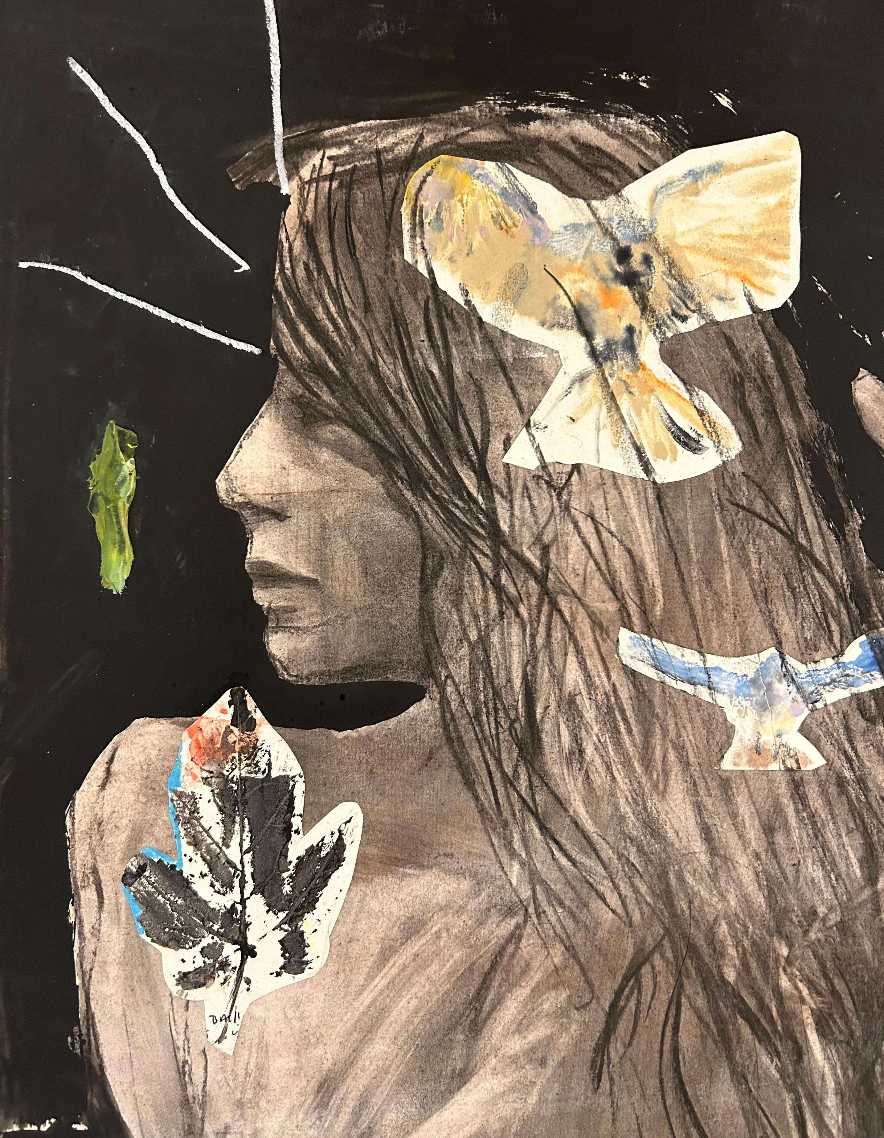Non prêt pour le premier jour, vue d'arrière féminine avec oiseau de poisson  gris feuille et noir - Art de RINY