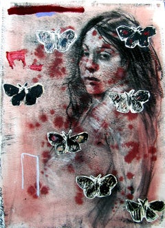 That Day in Crete..., female nude direct gaze butterflies reds abstract elements