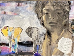 Requiem, colorful female w figure elephants memorial prayer text collage