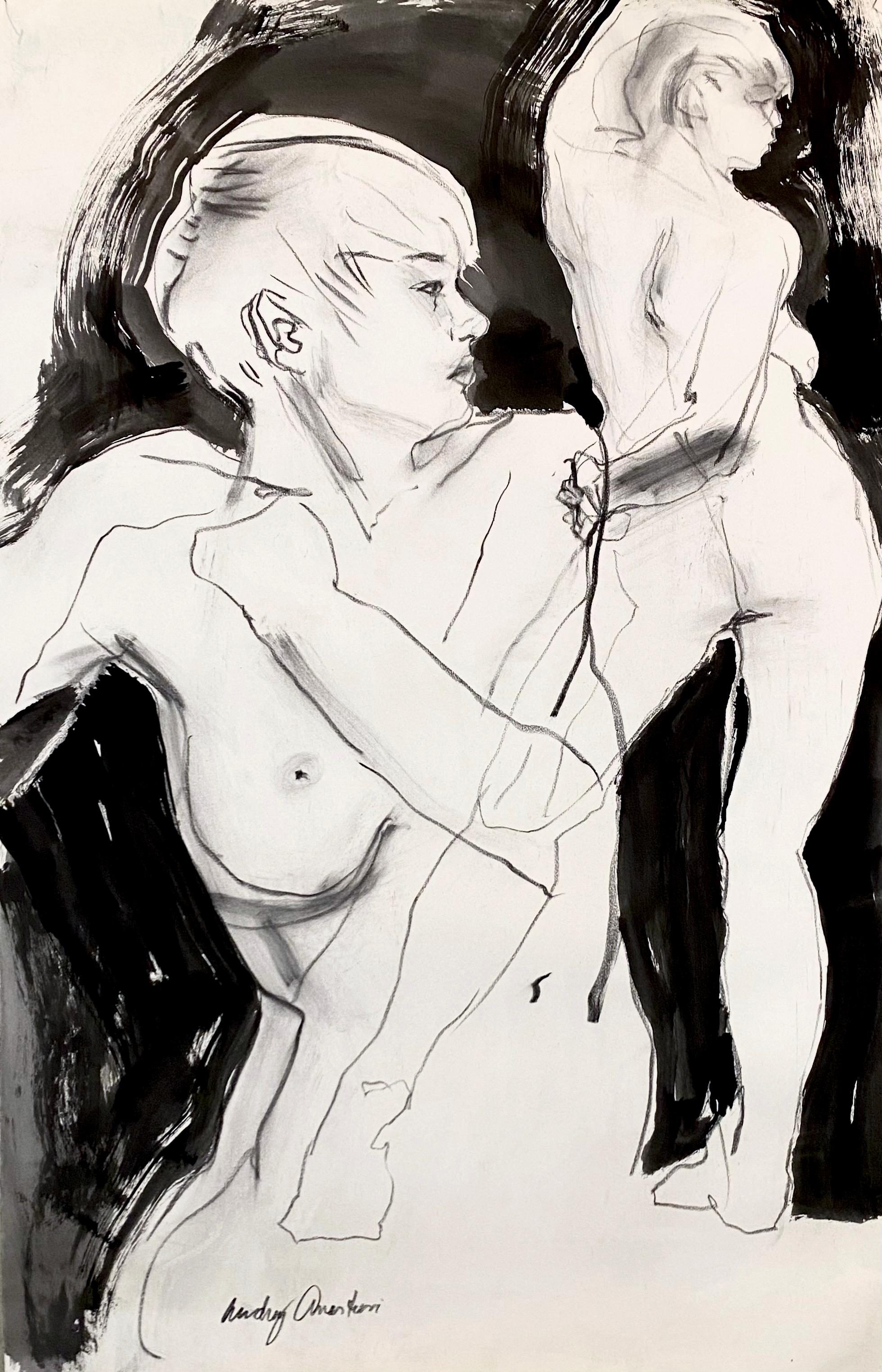 Figurative Art Audrey Anastasi - Danseuse à deux reprises, monochrome, figurative en noir et blanc, qualité d'esquisse